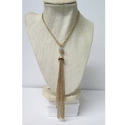 Long Gold Tassel Necklace with Rhinestone Pavé Ball | 32 Inch Chain Necklace with 6 Inch Chain Tassel | Art Deco Glam Statement Necklace for Women