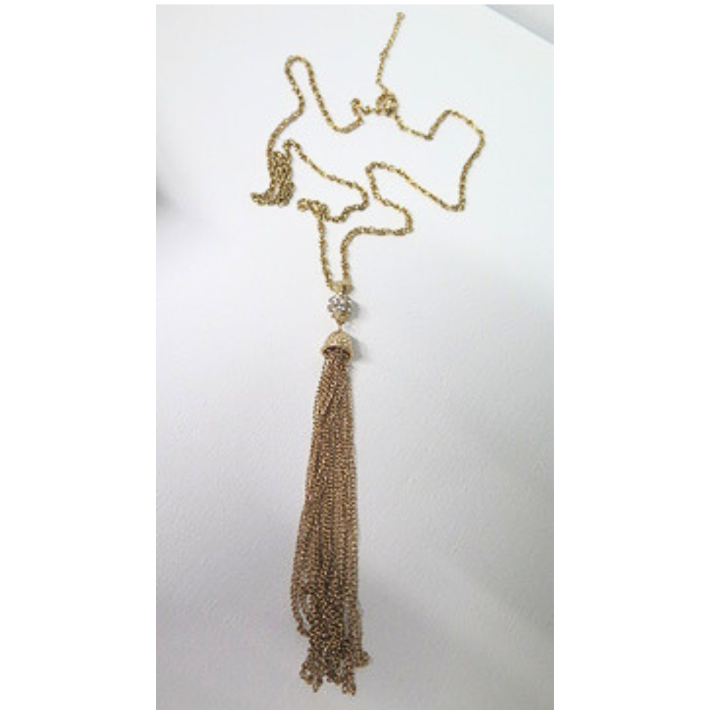 Long Gold Tassel Necklace with Rhinestone Pavé Ball | 32 Inch Chain Necklace with 6 Inch Chain Tassel | Art Deco Glam Statement Necklace for Women