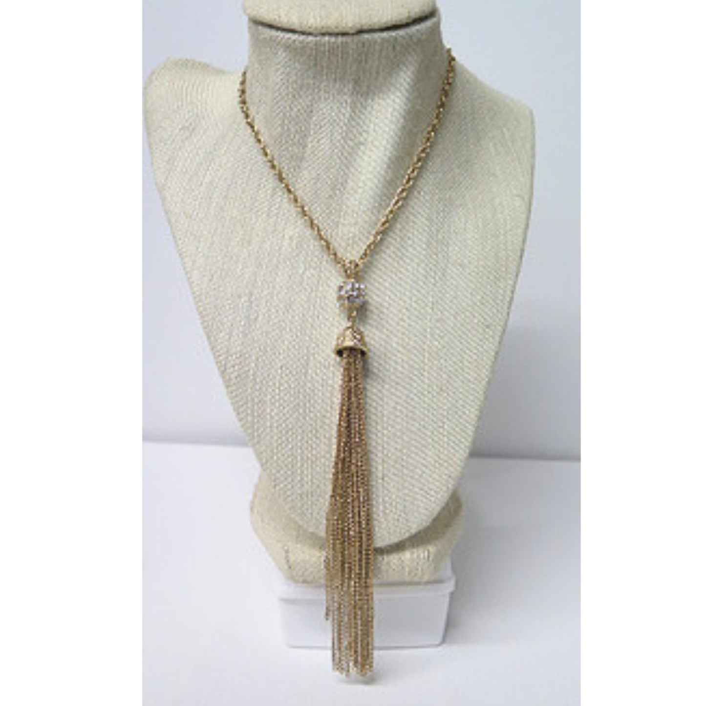 Long Gold Tassel Necklace with Rhinestone Pavé Ball | 32 Inch Chain Necklace with 6 Inch Chain Tassel | Art Deco Glam Statement Necklace for Women