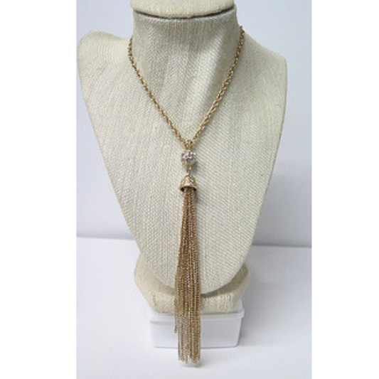Long Gold Tassel Necklace with Rhinestone Pavé Ball | 32 Inch Chain Necklace with 6 Inch Chain Tassel | Art Deco Glam Statement Necklace for Women