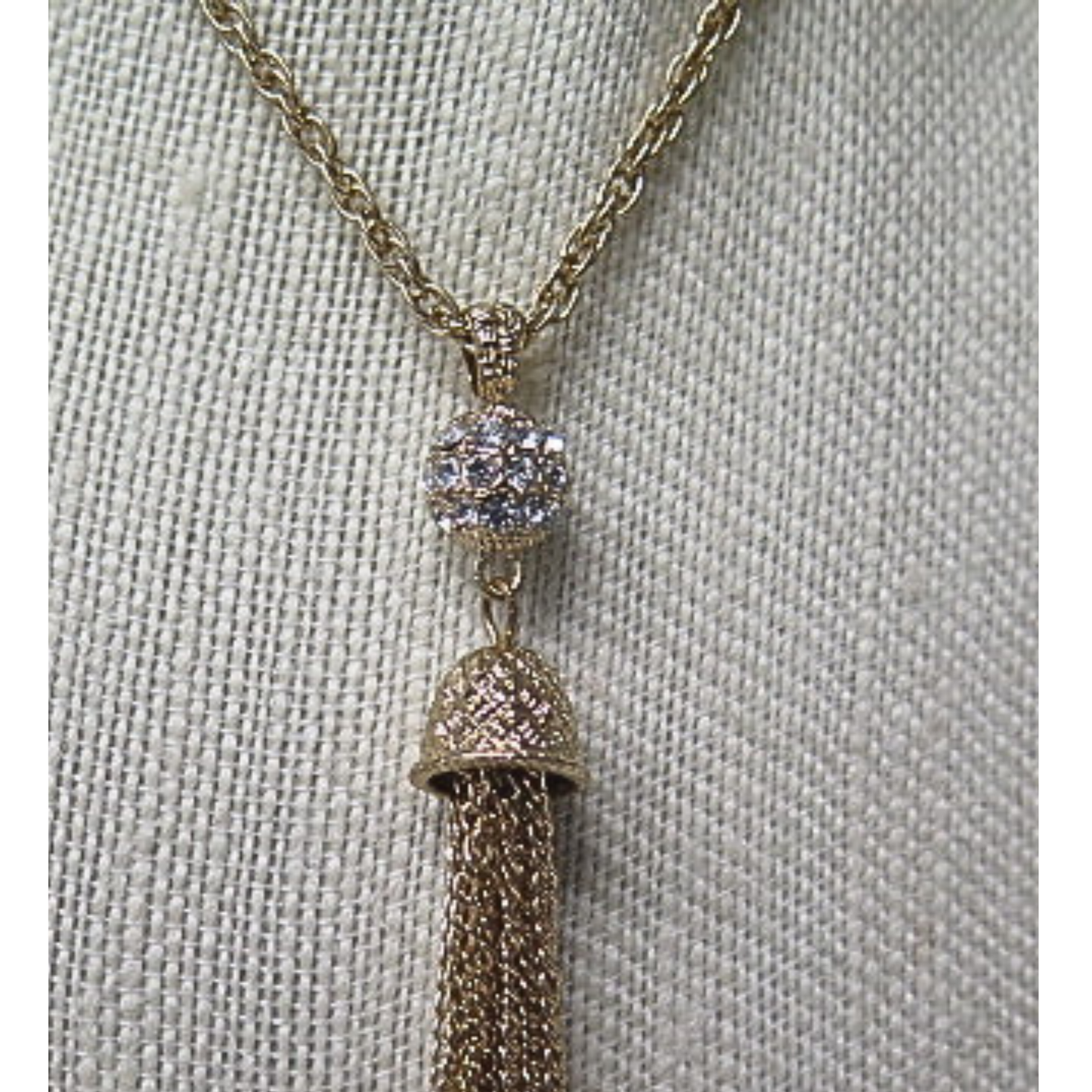 Long Gold Tassel Necklace with Rhinestone Pavé Ball | 32 Inch Chain Necklace with 6 Inch Chain Tassel | Art Deco Glam Statement Necklace for Women