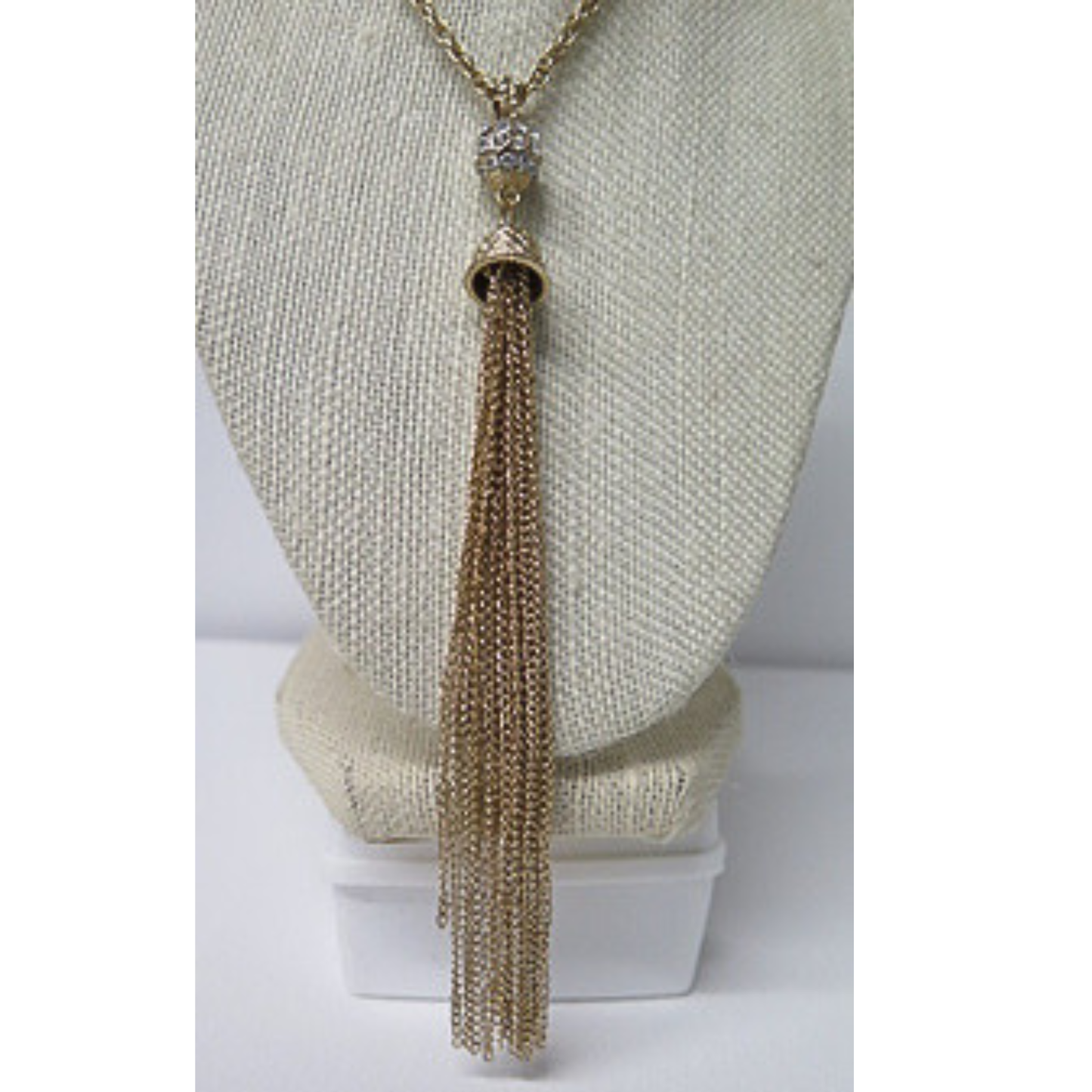 Long Gold Tassel Necklace with Rhinestone Pavé Ball | 32 Inch Chain Necklace with 6 Inch Chain Tassel | Art Deco Glam Statement Necklace for Women