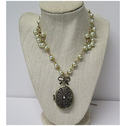 Vintage Style Pearl Necklace with Antique Bronze Filigree Locket | Long Pearl Chain with Bow Charm Oval Photo Locket | 33 Inch Romantic Heirloom Necklace for Women