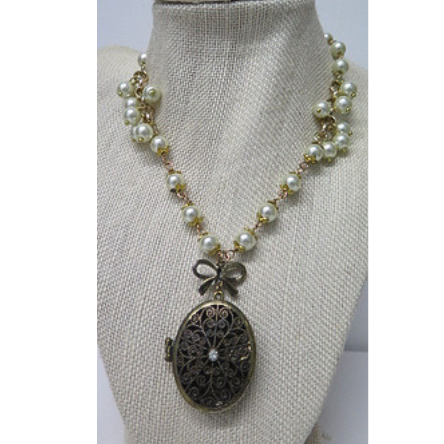Vintage Style Pearl Necklace with Antique Bronze Filigree Locket | Long Pearl Chain with Bow Charm Oval Photo Locket | 33 Inch Romantic Heirloom Necklace for Women