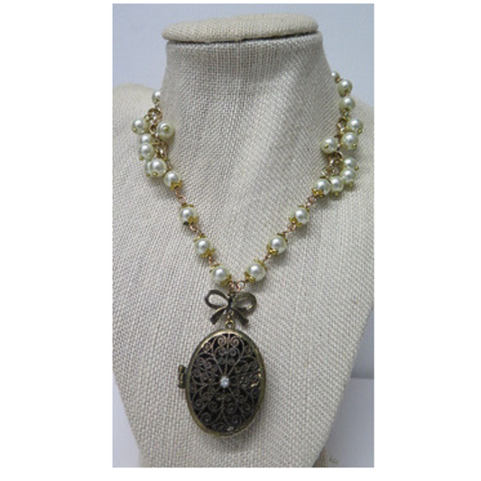 Vintage Style Pearl Necklace with Antique Bronze Filigree Locket | Long Pearl Chain with Bow Charm Oval Photo Locket | 33 Inch Romantic Heirloom Necklace for Women