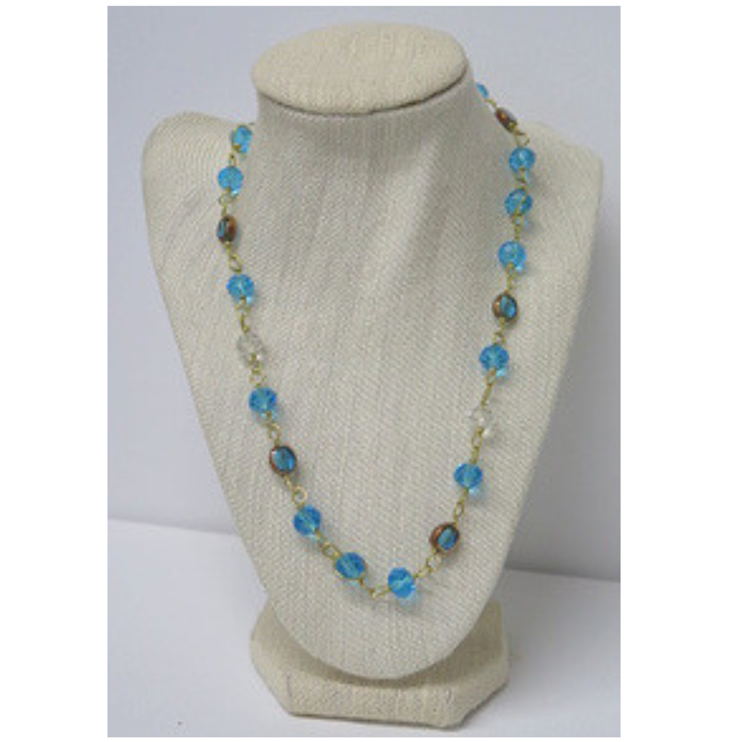 Aqua Blue Crystal Long Beaded Necklace | Hand-Linked Turquoise Faceted Bead Chain with Bronze Accents | 34 Inch Layering Statement Necklace for Women