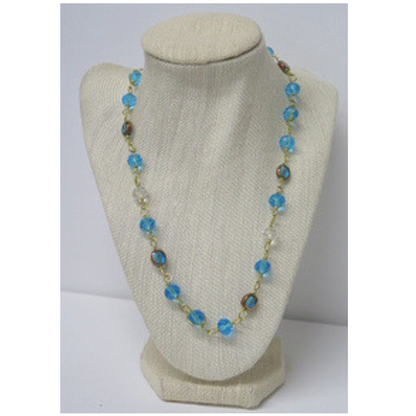 Aqua Blue Crystal Long Beaded Necklace | Hand-Linked Turquoise Faceted Bead Chain with Bronze Accents | 34 Inch Layering Statement Necklace for Women