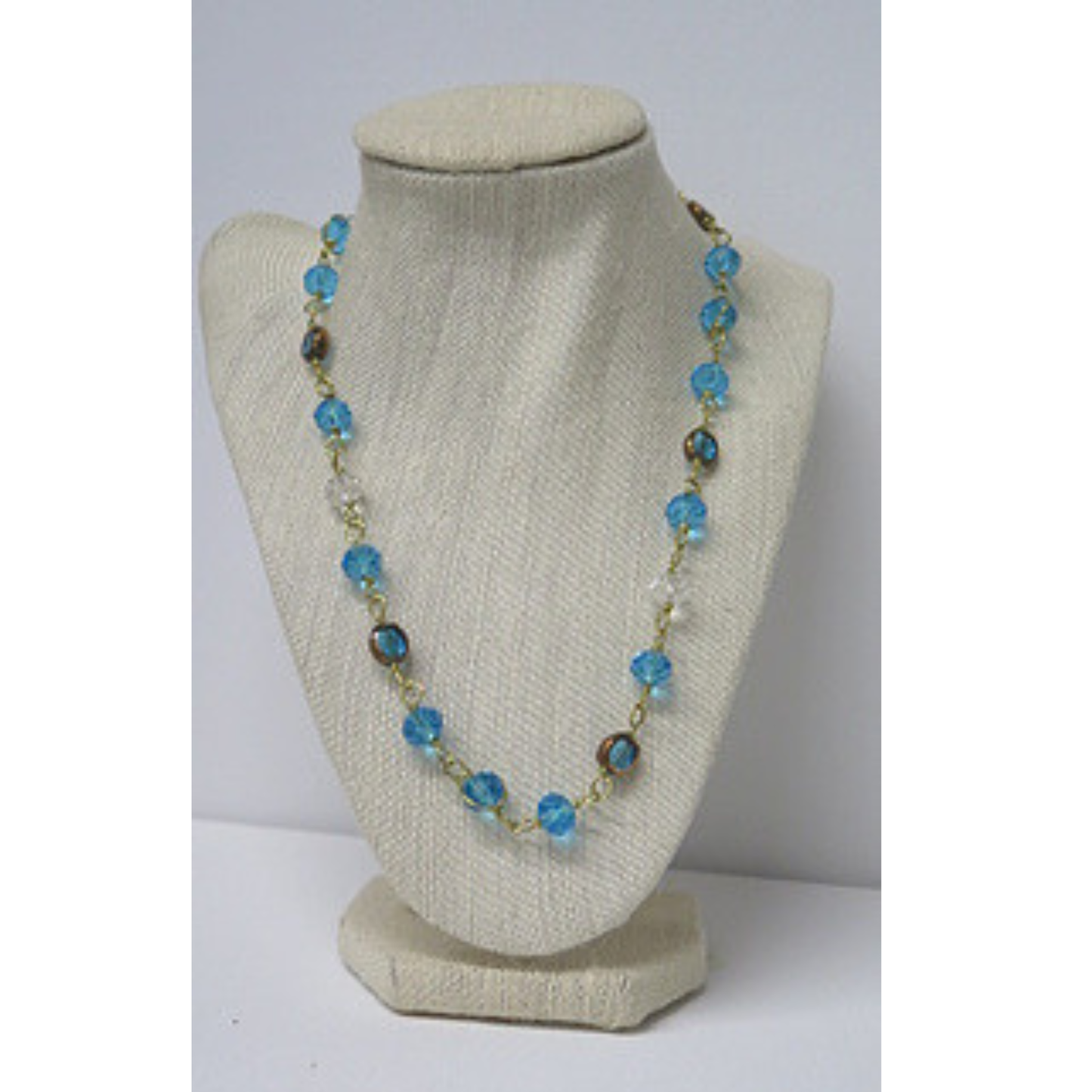 Aqua Blue Crystal Long Beaded Necklace | Hand-Linked Turquoise Faceted Bead Chain with Bronze Accents | 34 Inch Layering Statement Necklace for Women