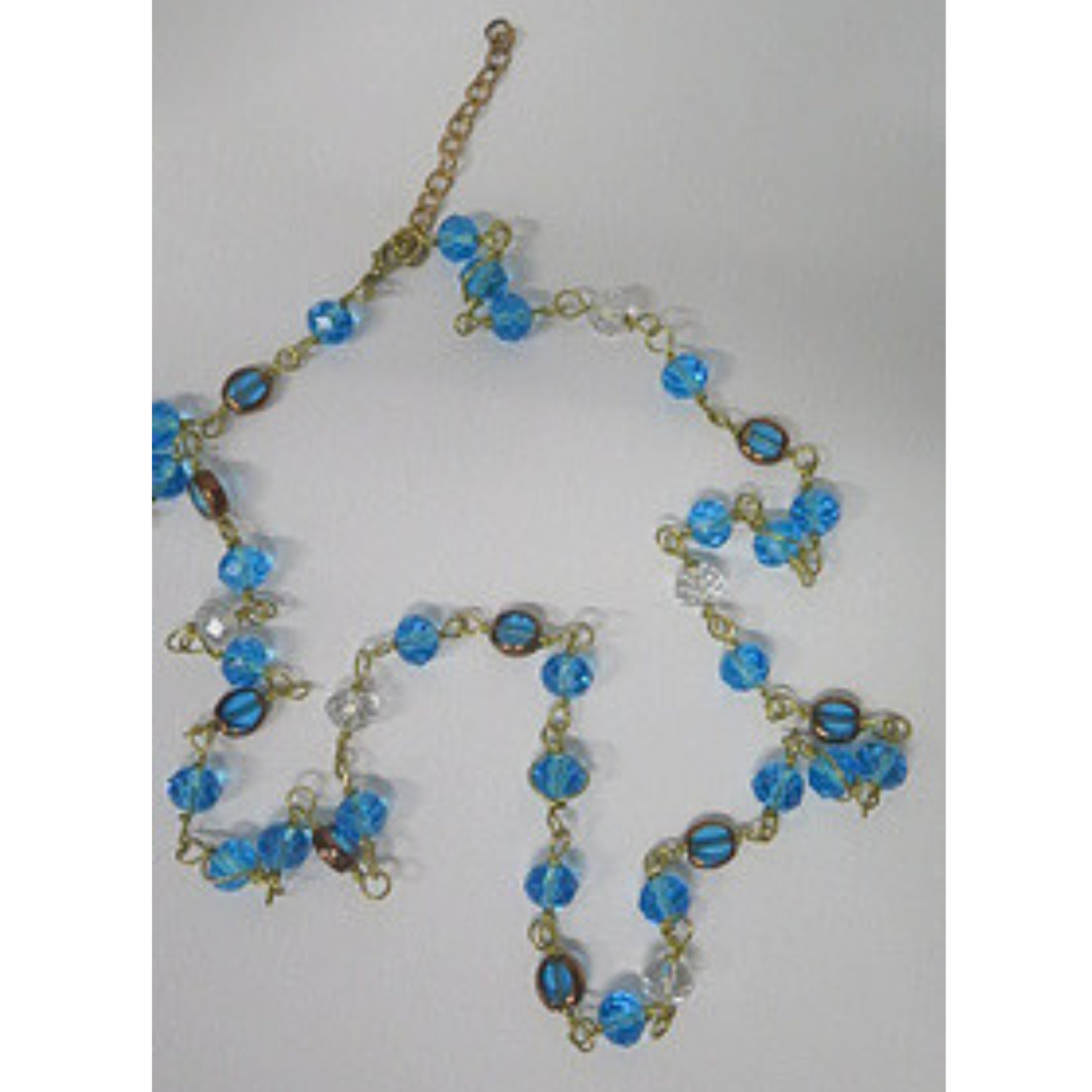 Aqua Blue Crystal Long Beaded Necklace | Hand-Linked Turquoise Faceted Bead Chain with Bronze Accents | 34 Inch Layering Statement Necklace for Women