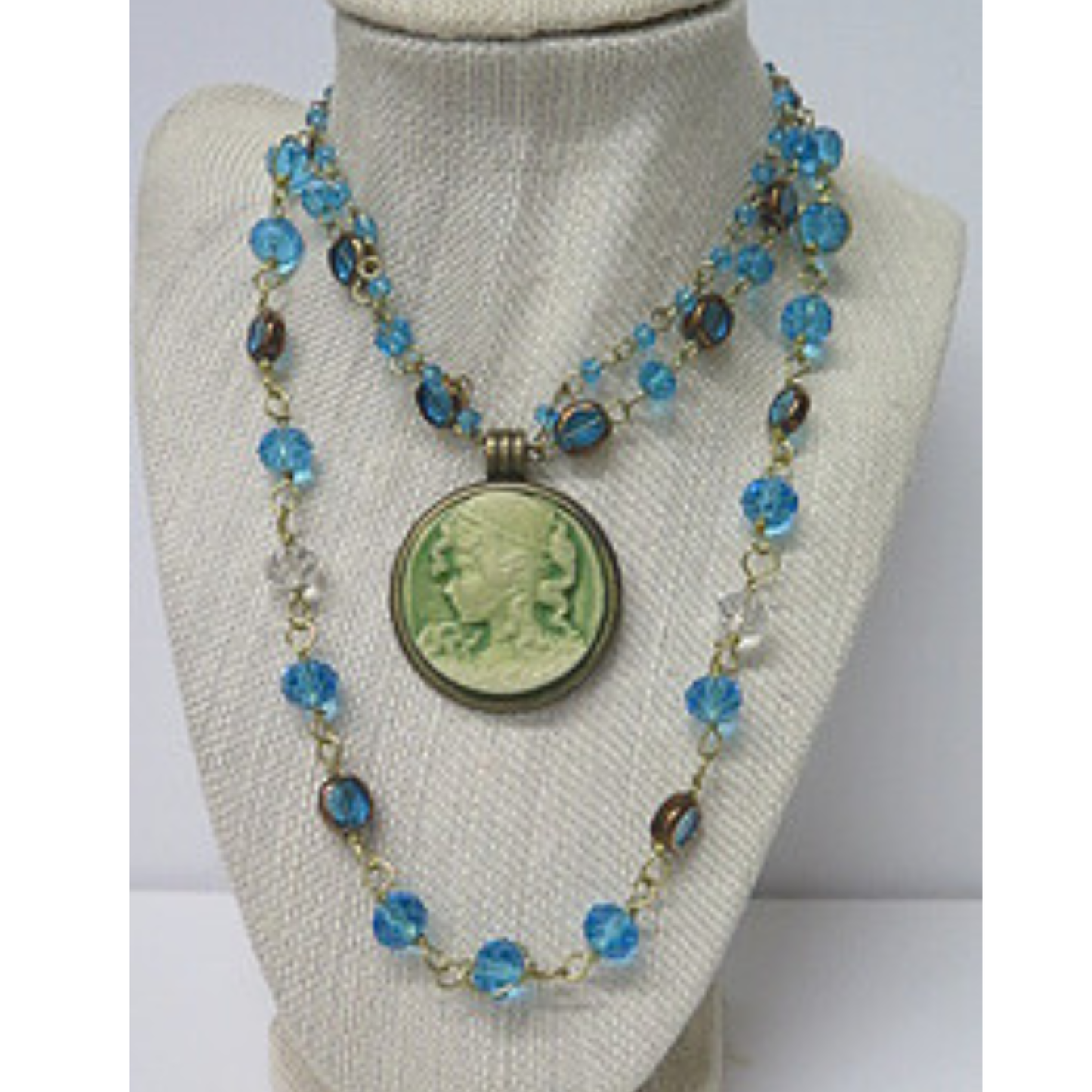Aqua Blue Crystal Long Beaded Necklace | Hand-Linked Turquoise Faceted Bead Chain with Bronze Accents | 34 Inch Layering Statement Necklace for Women