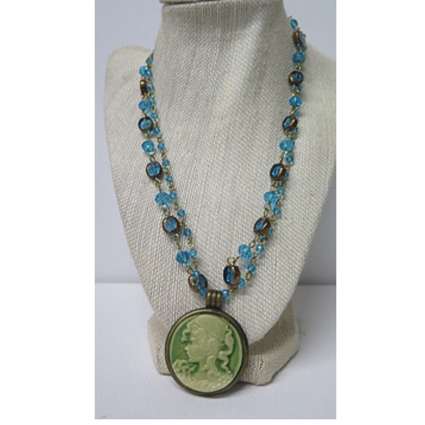 Victorian Cameo Pendant Double Strand Necklace | Aqua Blue Crystal Beaded Chain with Green Lady Cameo and Toggle Clasp | 20 Inch Vintage Statement Necklace for Women