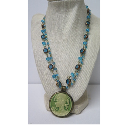 Victorian Cameo Pendant Double Strand Necklace | Aqua Blue Crystal Beaded Chain with Green Lady Cameo and Toggle Clasp | 20 Inch Vintage Statement Necklace for Women