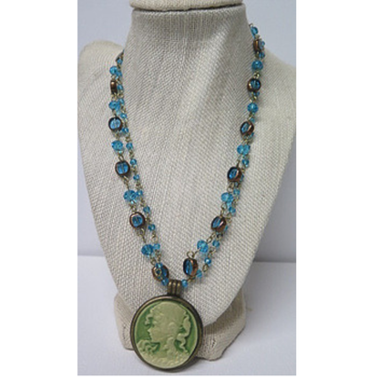 Victorian Cameo Pendant Double Strand Necklace | Aqua Blue Crystal Beaded Chain with Green Lady Cameo and Toggle Clasp | 20 Inch Vintage Statement Necklace for Women