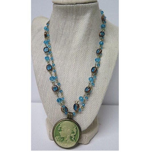Victorian Cameo Pendant Double Strand Necklace | Aqua Blue Crystal Beaded Chain with Green Lady Cameo and Toggle Clasp | 20 Inch Vintage Statement Necklace for Women