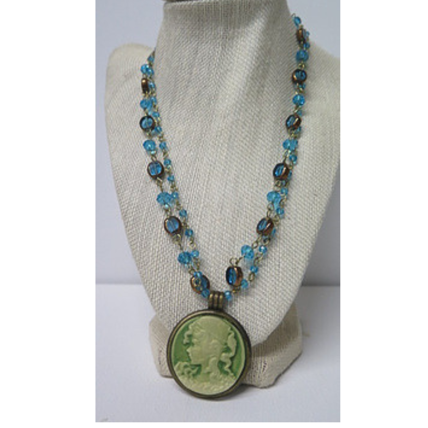 Victorian Cameo Pendant Double Strand Necklace | Aqua Blue Crystal Beaded Chain with Green Lady Cameo and Toggle Clasp | 20 Inch Vintage Statement Necklace for Women