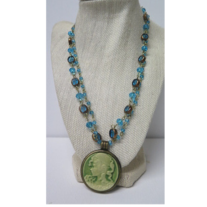 Victorian Cameo Pendant Double Strand Necklace | Aqua Blue Crystal Beaded Chain with Green Lady Cameo and Toggle Clasp | 20 Inch Vintage Statement Necklace for Women