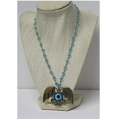 Winged Evil Eye Pendant Necklace | Aqua Blue Crystal Beaded Chain with Bronze Wings and Blue Eye Talisman | 19 Inch Protection Statement Necklace for Women