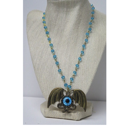 Winged Evil Eye Pendant Necklace | Aqua Blue Crystal Beaded Chain with Bronze Wings and Blue Eye Talisman | 19 Inch Protection Statement Necklace for Women