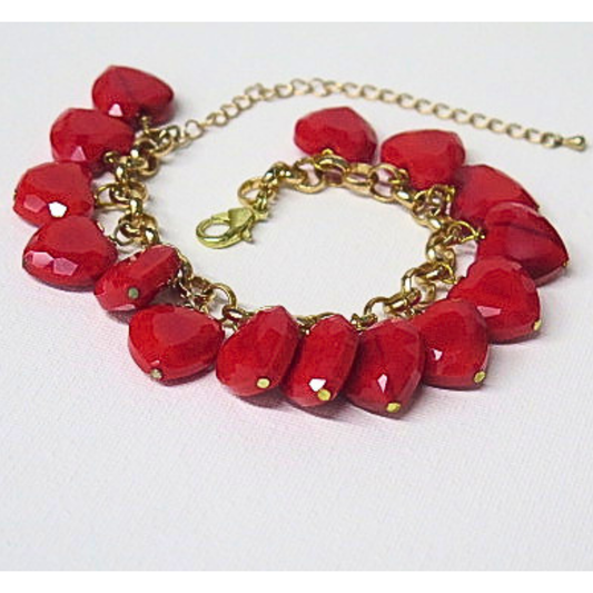 Red Heart Charm Bracelet | Gold-Tone Chain with Faceted Ruby Red Heart Beads | 8 Inch Adjustable Statement Bracelet for Women