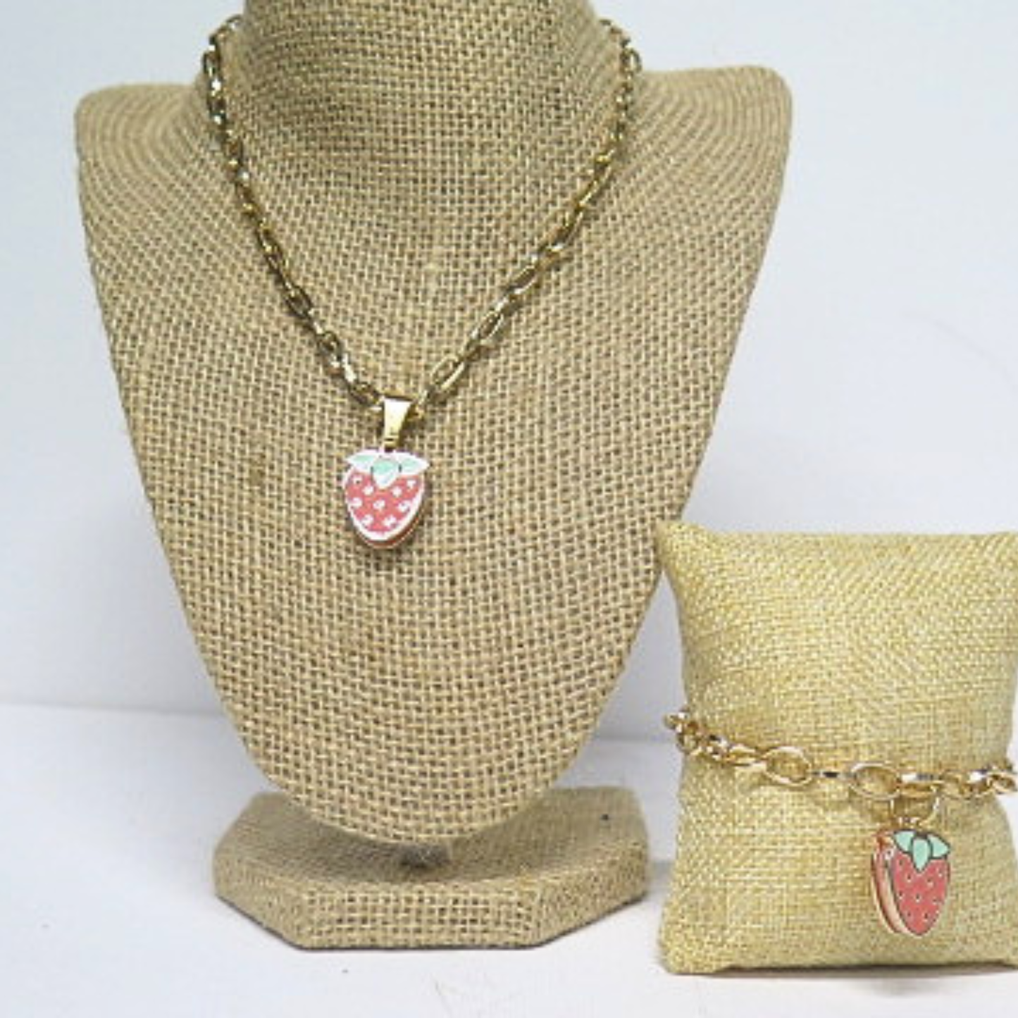 Strawberry Necklace & Adjustable Bracelet Set | Gold Tone Fruit Jewelry Gift for Women & Girls