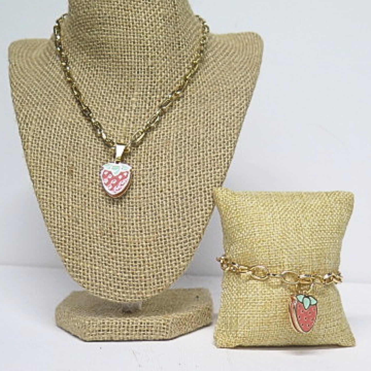 Strawberry Necklace & Adjustable Bracelet Set | Gold Tone Fruit Jewelry Gift for Women & Girls