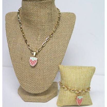 Strawberry Necklace & Adjustable Bracelet Set | Gold Tone Fruit Jewelry Gift for Women & Girls