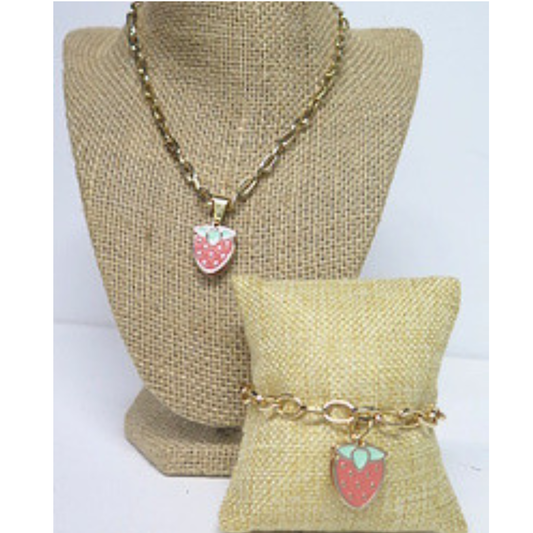 Strawberry Necklace & Adjustable Bracelet Set | Gold Tone Fruit Jewelry Gift for Women & Girls