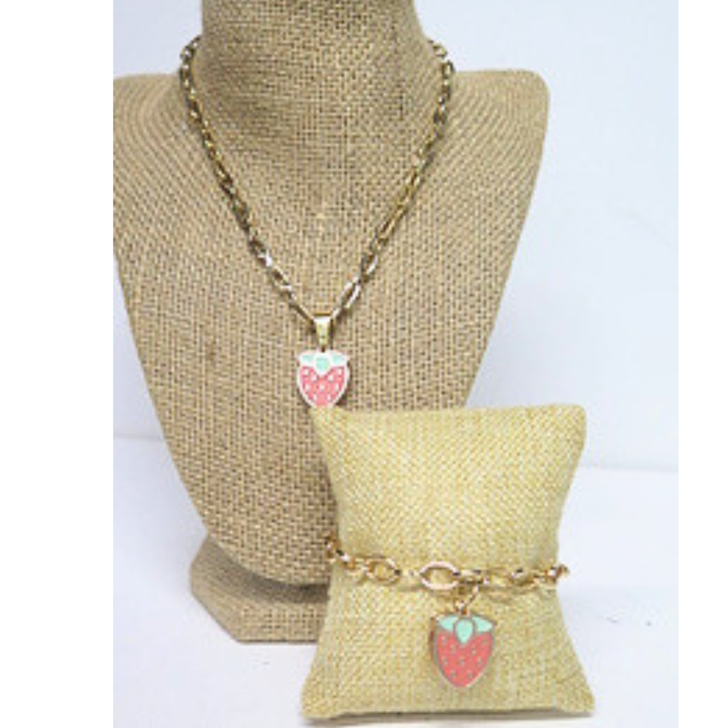 Strawberry Necklace & Adjustable Bracelet Set | Gold Tone Fruit Jewelry Gift for Women & Girls