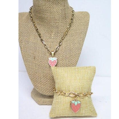 Strawberry Necklace & Adjustable Bracelet Set | Gold Tone Fruit Jewelry Gift for Women & Girls