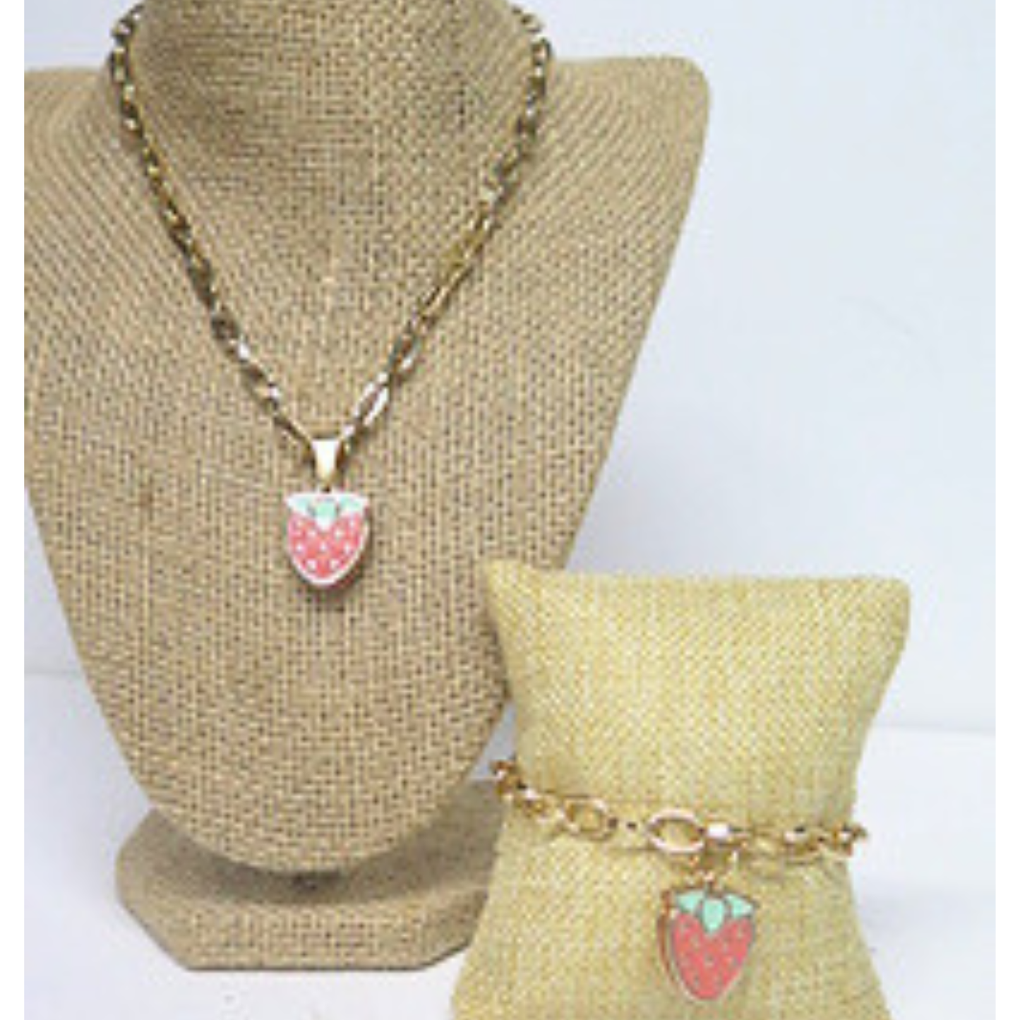 Strawberry Necklace & Adjustable Bracelet Set | Gold Tone Fruit Jewelry Gift for Women & Girls