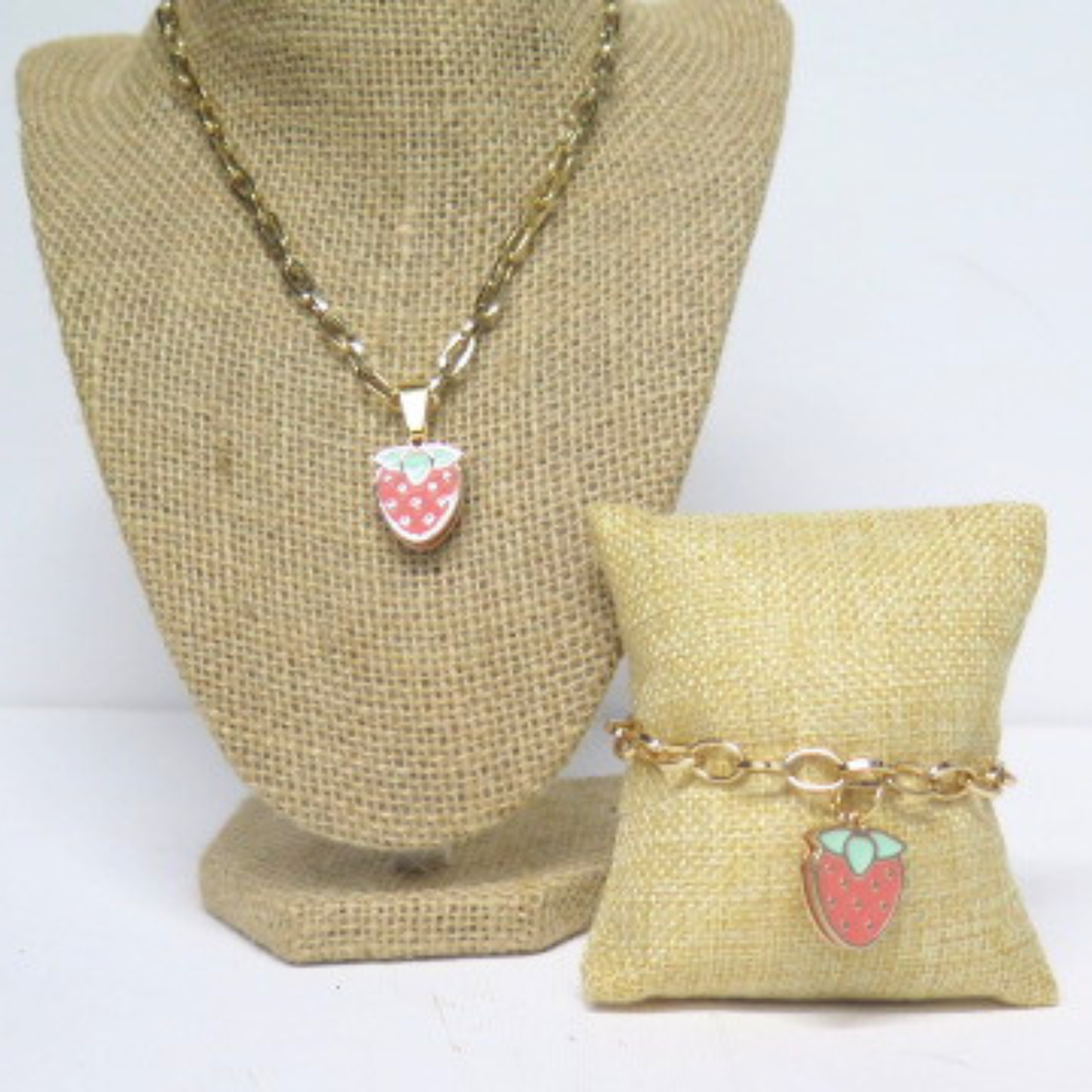 Strawberry Necklace & Adjustable Bracelet Set | Gold Tone Fruit Jewelry Gift for Women & Girls