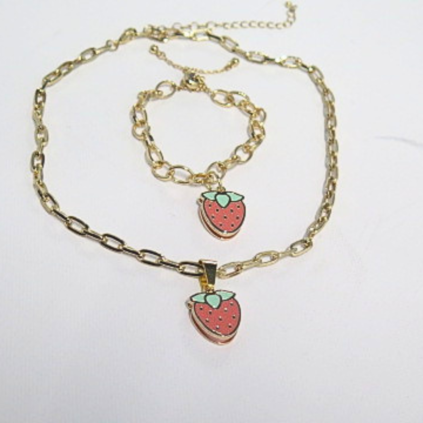 Strawberry Necklace & Adjustable Bracelet Set | Gold Tone Fruit Jewelry Gift for Women & Girls