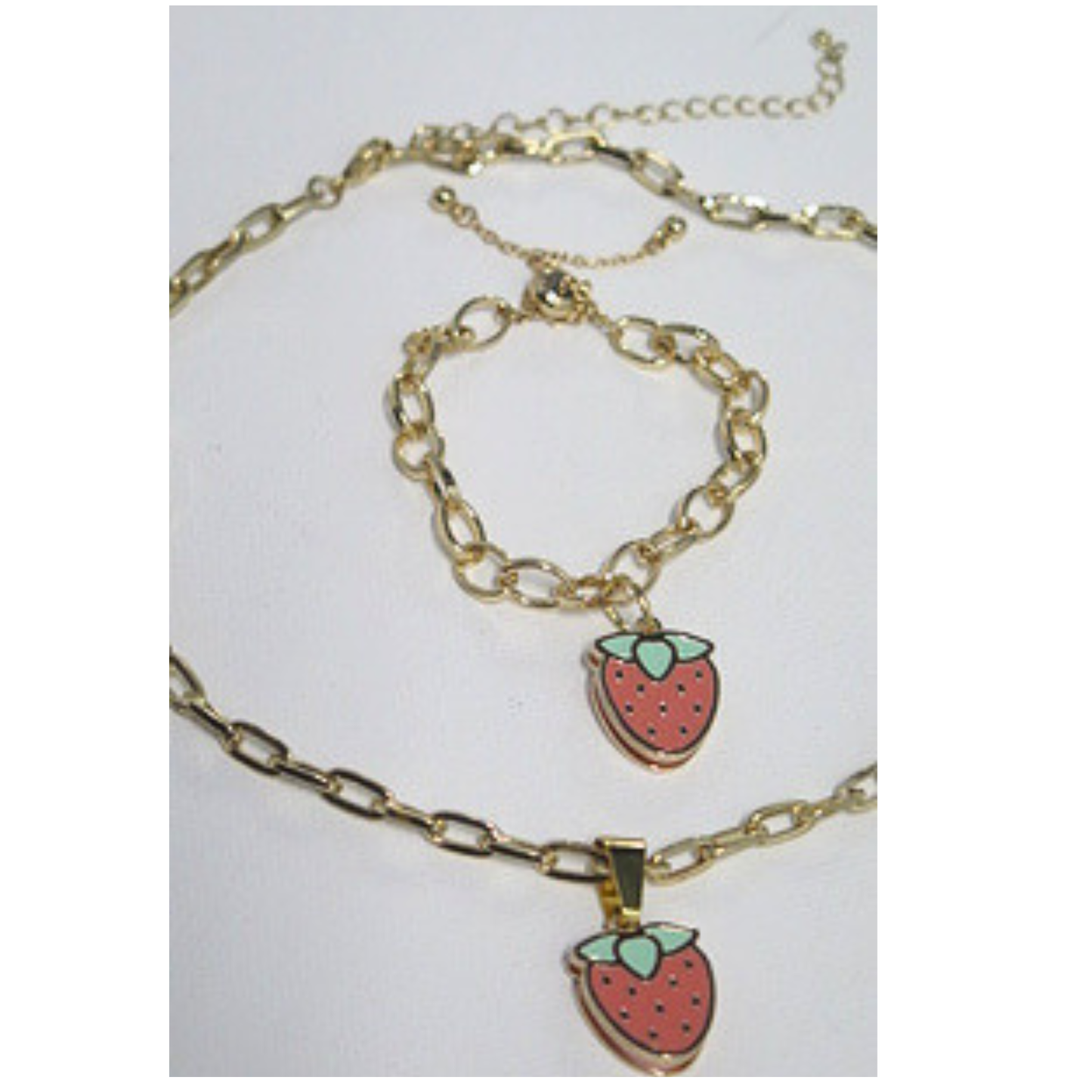 Strawberry Necklace & Adjustable Bracelet Set | Gold Tone Fruit Jewelry Gift for Women & Girls