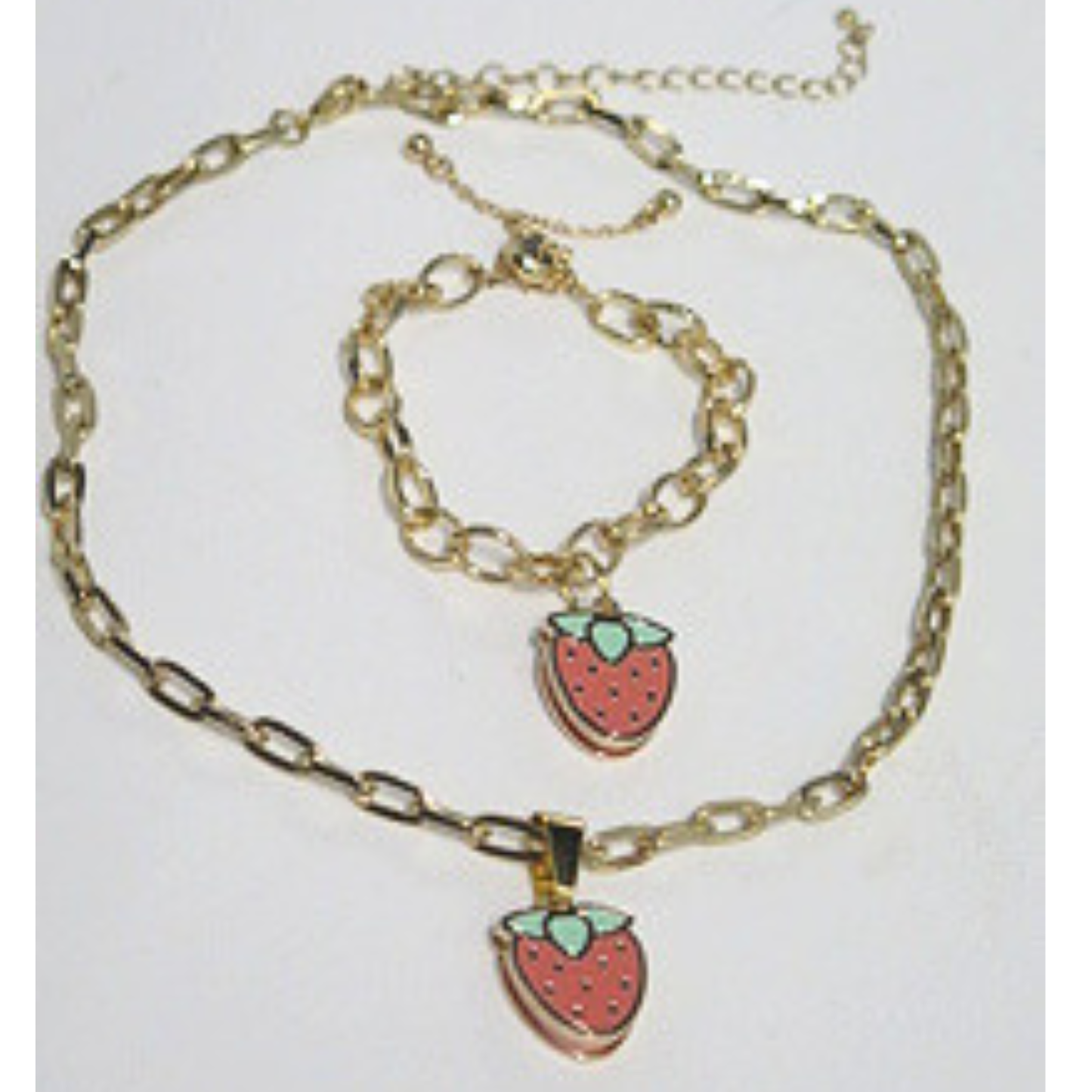 Strawberry Necklace & Adjustable Bracelet Set | Gold Tone Fruit Jewelry Gift for Women & Girls