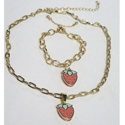 Strawberry Necklace & Adjustable Bracelet Set | Gold Tone Fruit Jewelry Gift for Women & Girls