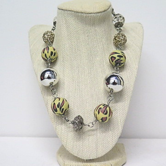 Handmade Artisan Statement Necklace Yellow Hand Painted Beads Silver Tone Toggle Clasp