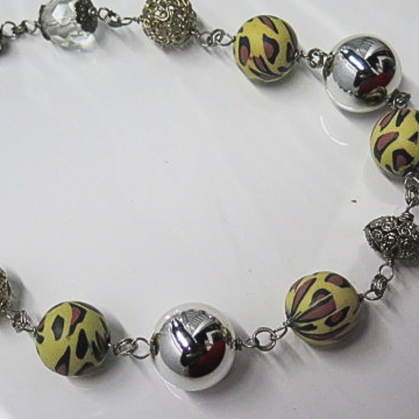 Handmade Artisan Statement Necklace Yellow Hand Painted Beads Silver Tone Toggle Clasp