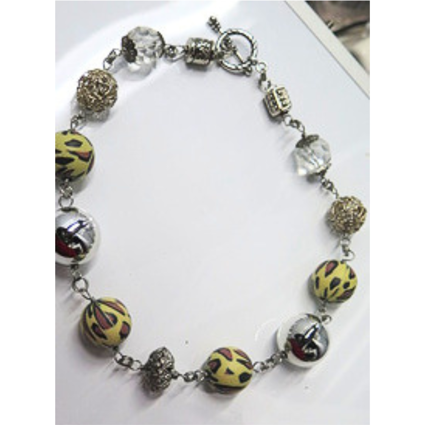 Handmade Artisan Statement Necklace Yellow Hand Painted Beads Silver Tone Toggle Clasp