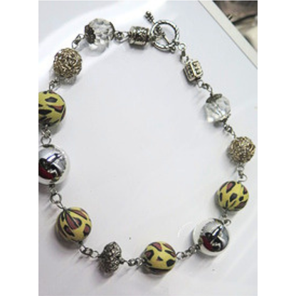 Handmade Artisan Statement Necklace Yellow Hand Painted Beads Silver Tone Toggle Clasp
