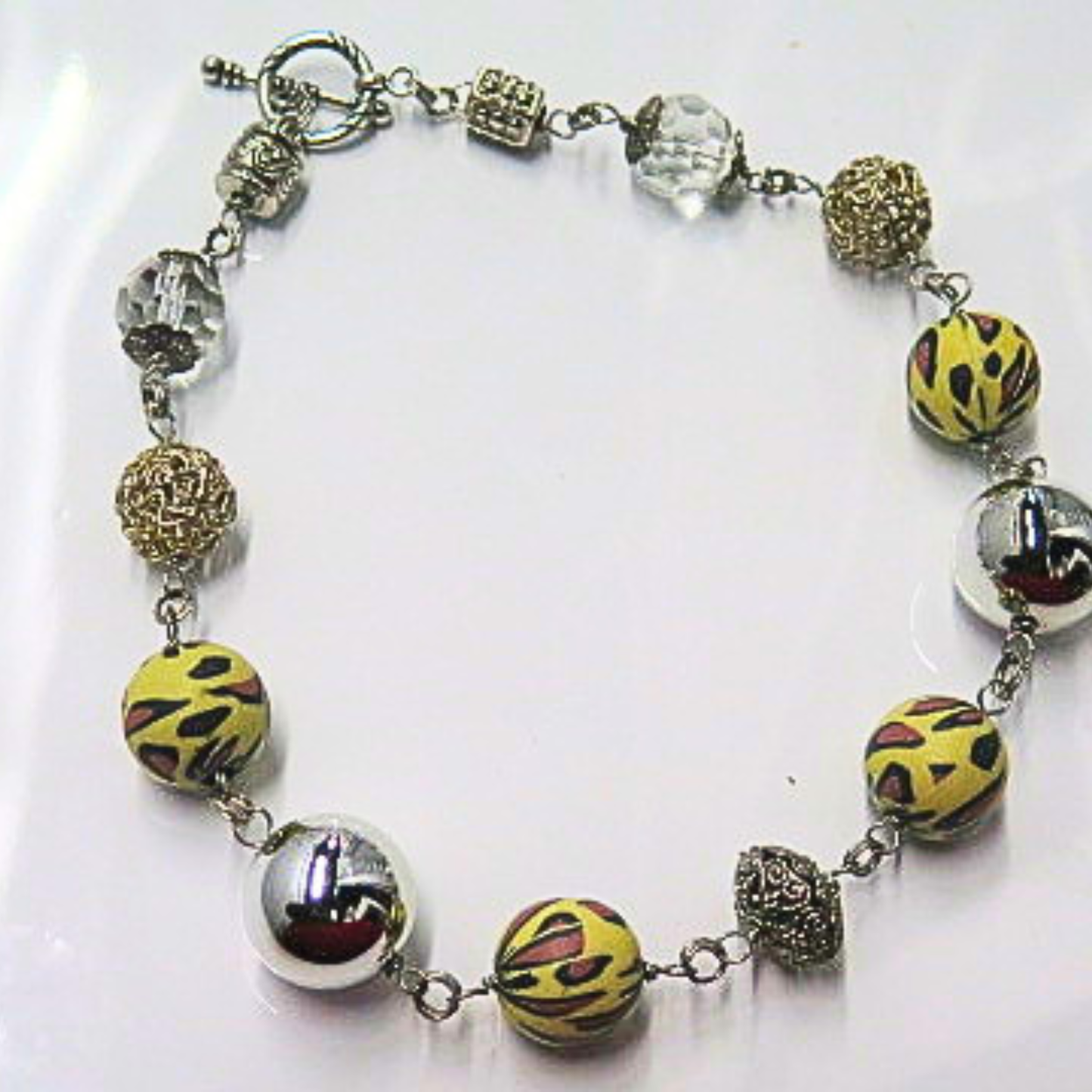 Handmade Artisan Statement Necklace Yellow Hand Painted Beads Silver Tone Toggle Clasp