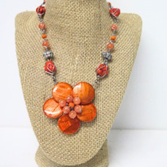 Handmade Burnt Orange Flower Statement Necklace Coral Beads Antique Silver