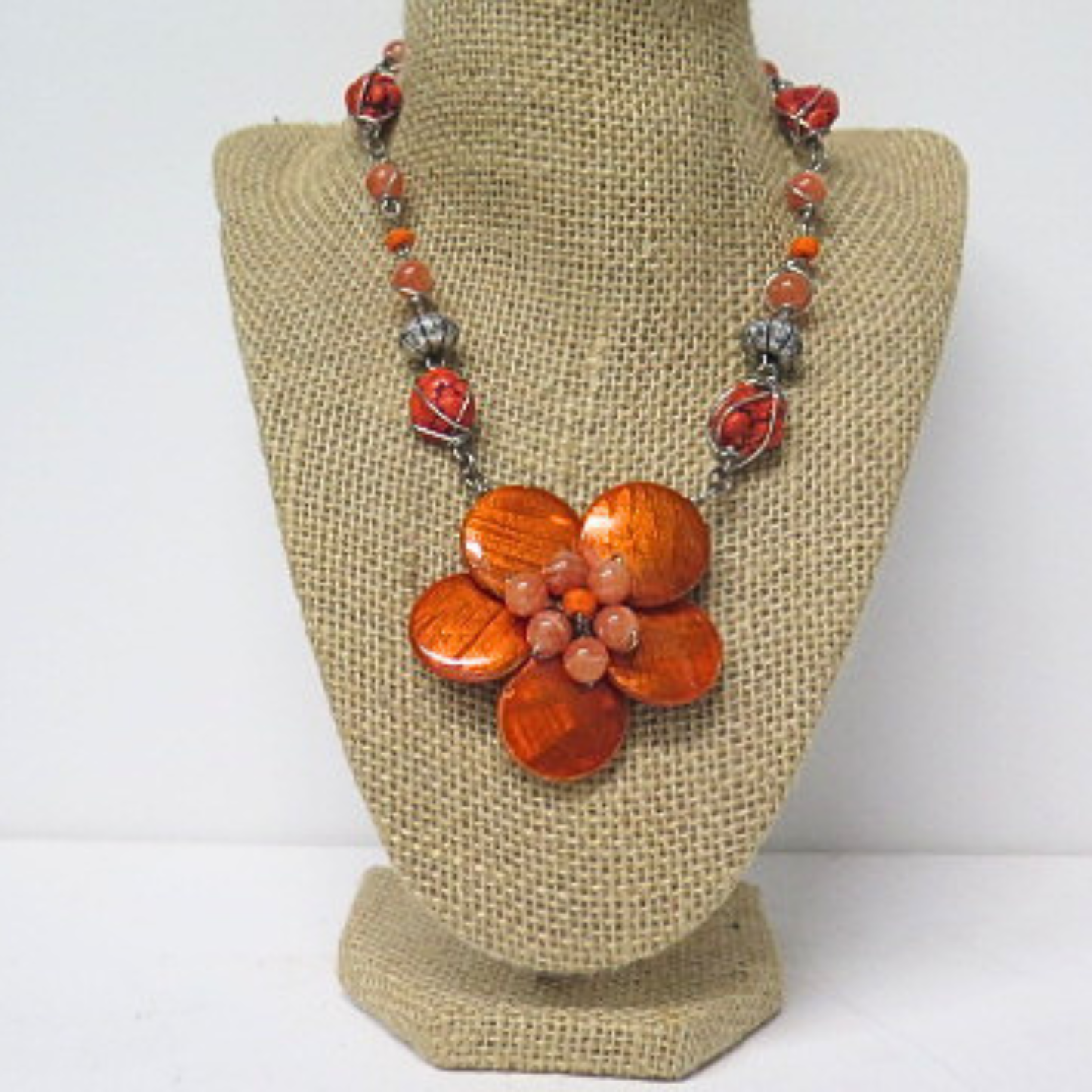 Handmade Burnt Orange Flower Statement Necklace Coral Beads Antique Silver