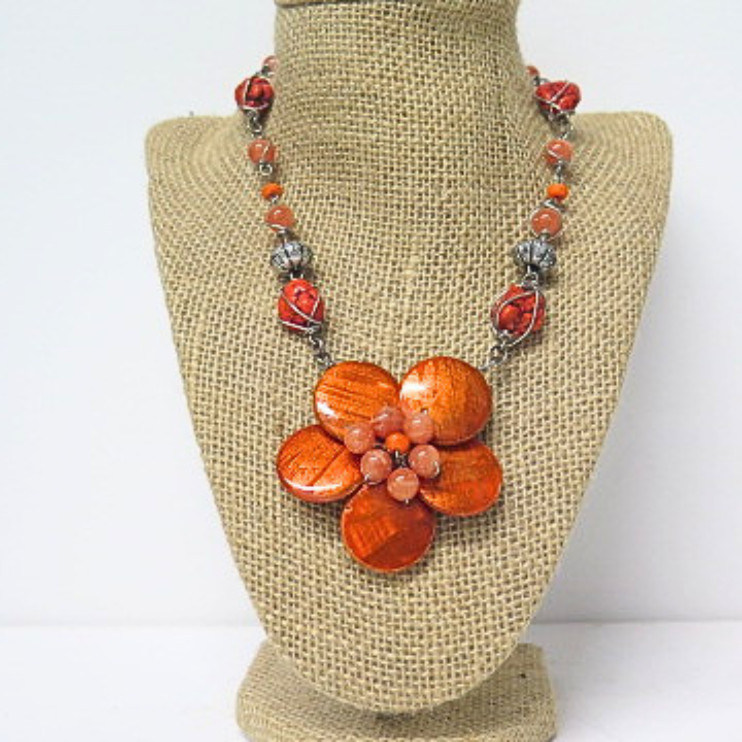 Handmade Burnt Orange Flower Statement Necklace Coral Beads Antique Silver
