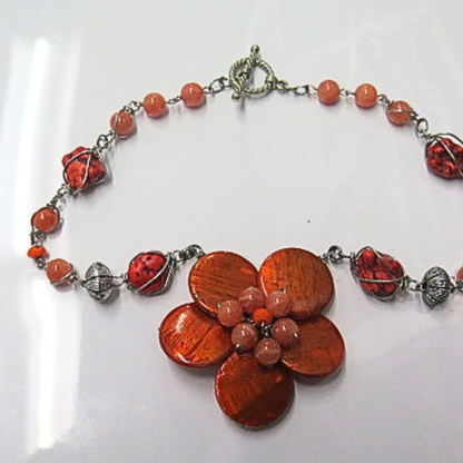 Handmade Burnt Orange Flower Statement Necklace Coral Beads Antique Silver