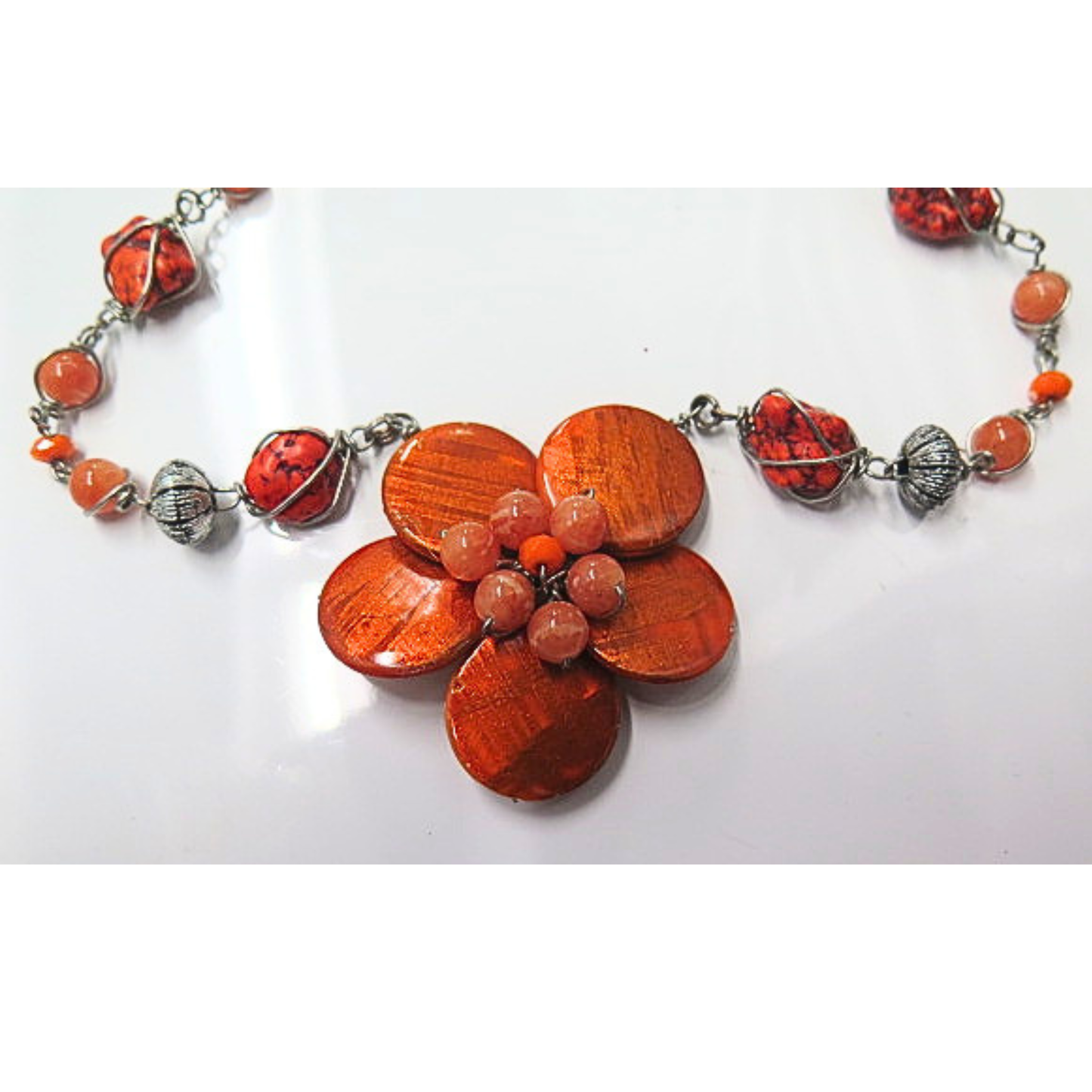 Handmade Burnt Orange Flower Statement Necklace Coral Beads Antique Silver