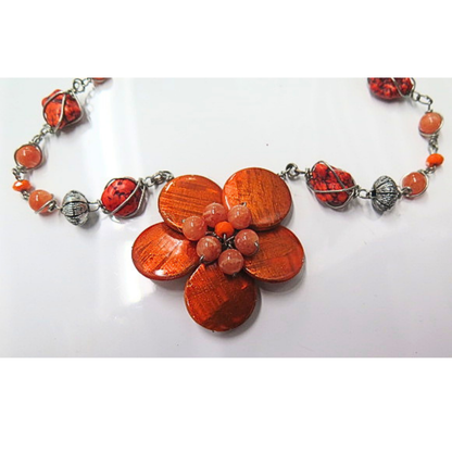 Handmade Burnt Orange Flower Statement Necklace Coral Beads Antique Silver