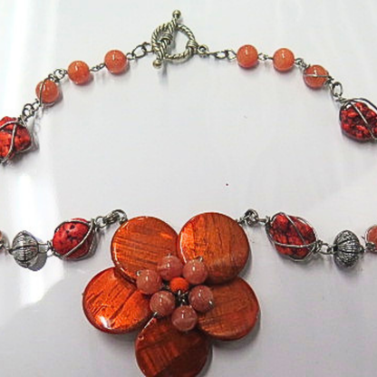 Handmade Burnt Orange Flower Statement Necklace Coral Beads Antique Silver