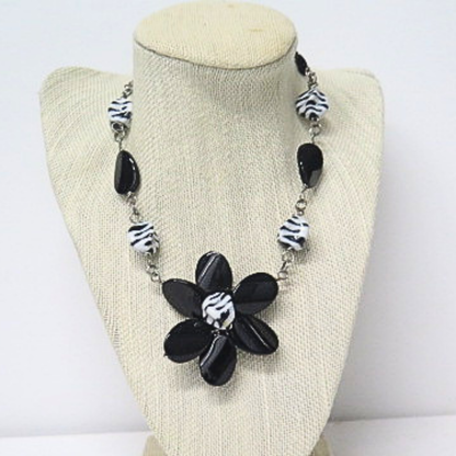 Handmade Black White Floral Statement Necklace Zebra Print