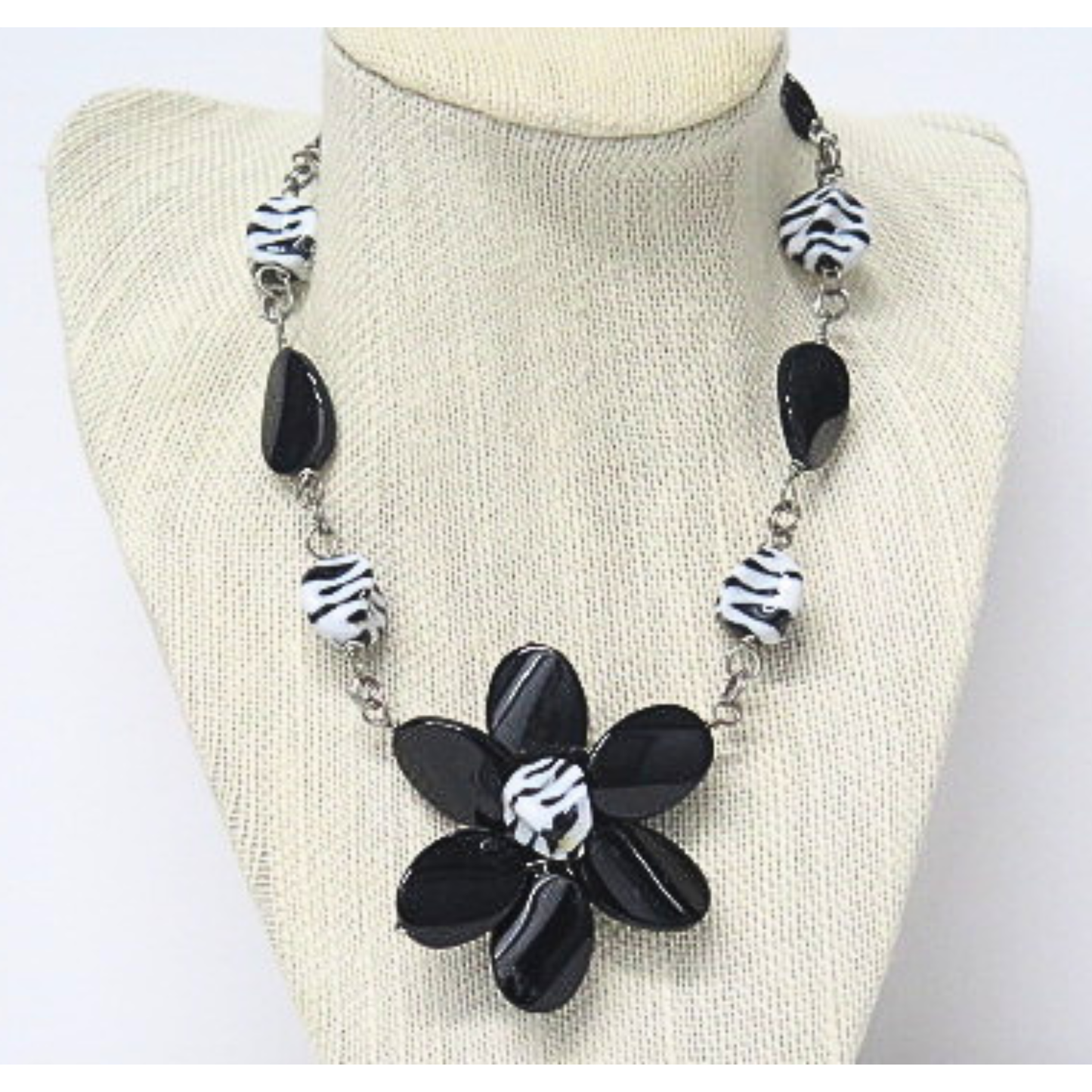 Handmade Black White Floral Statement Necklace Zebra Print