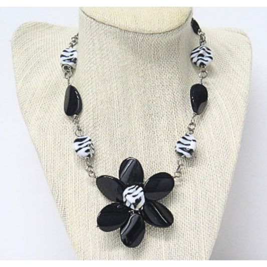 Handmade Black White Floral Statement Necklace Zebra Print